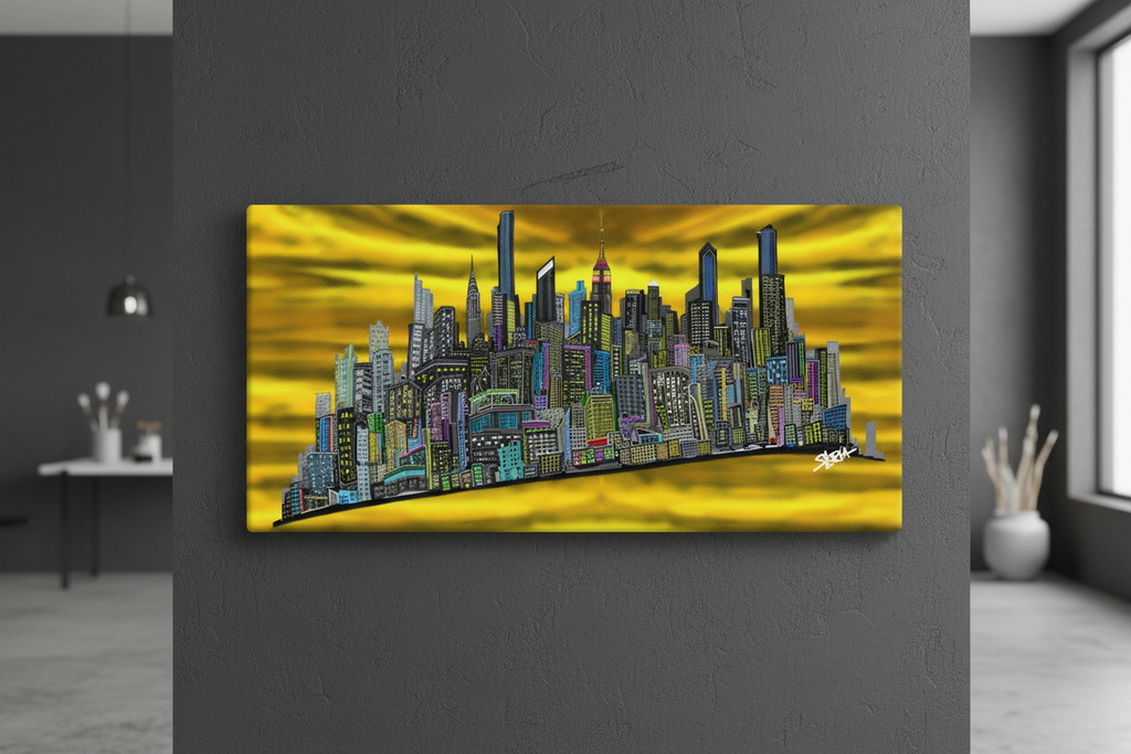 Colorful cityscape Loria NYC Art painting on a gray wall