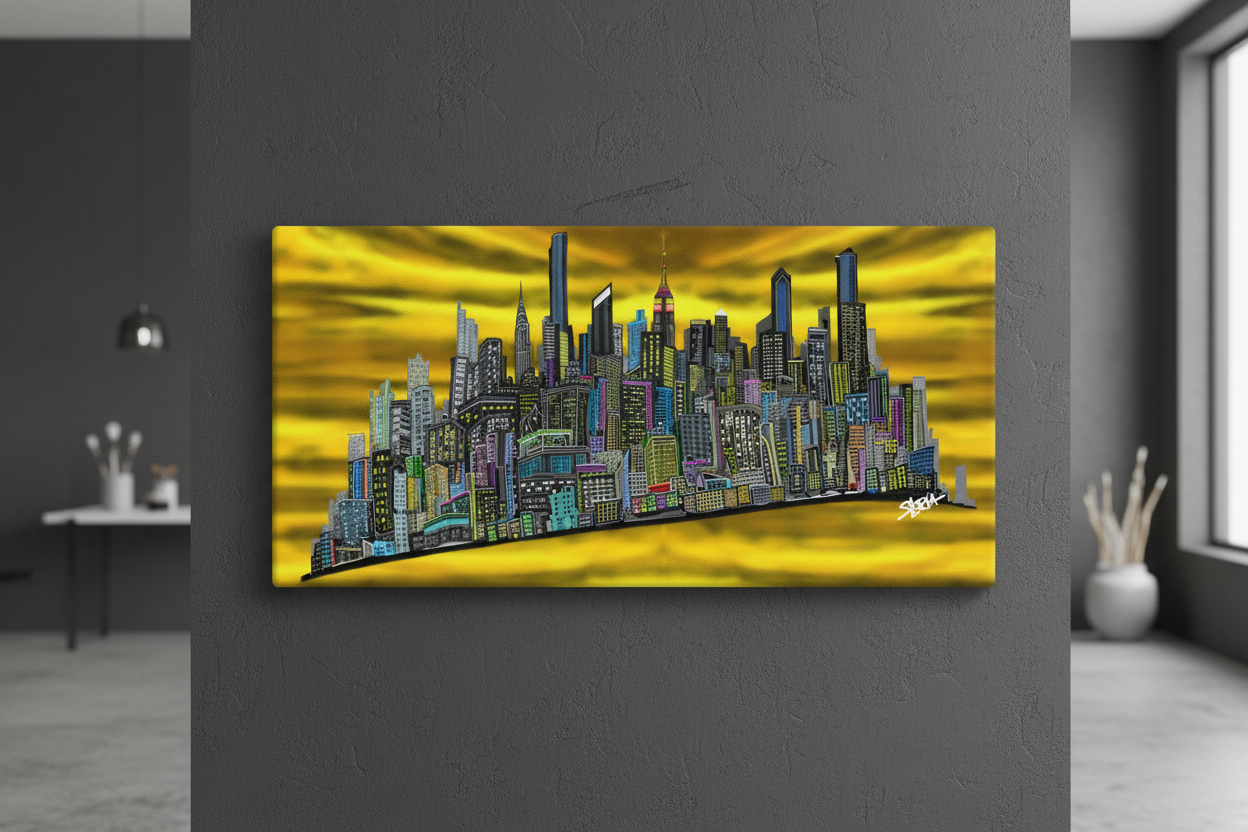Colorful cityscape Loria NYC Art painting on a gray wall