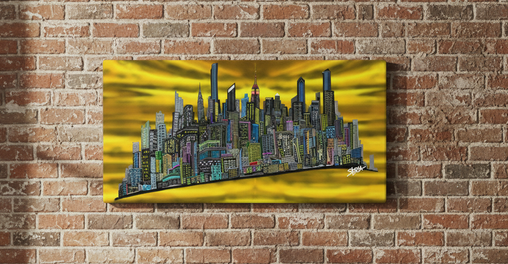 Colorful cityscape Loria NYC Art painting on a brick wall.