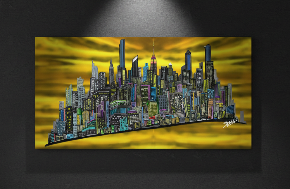 Colorful cityscape Loria NYC Art painting on a dark wall