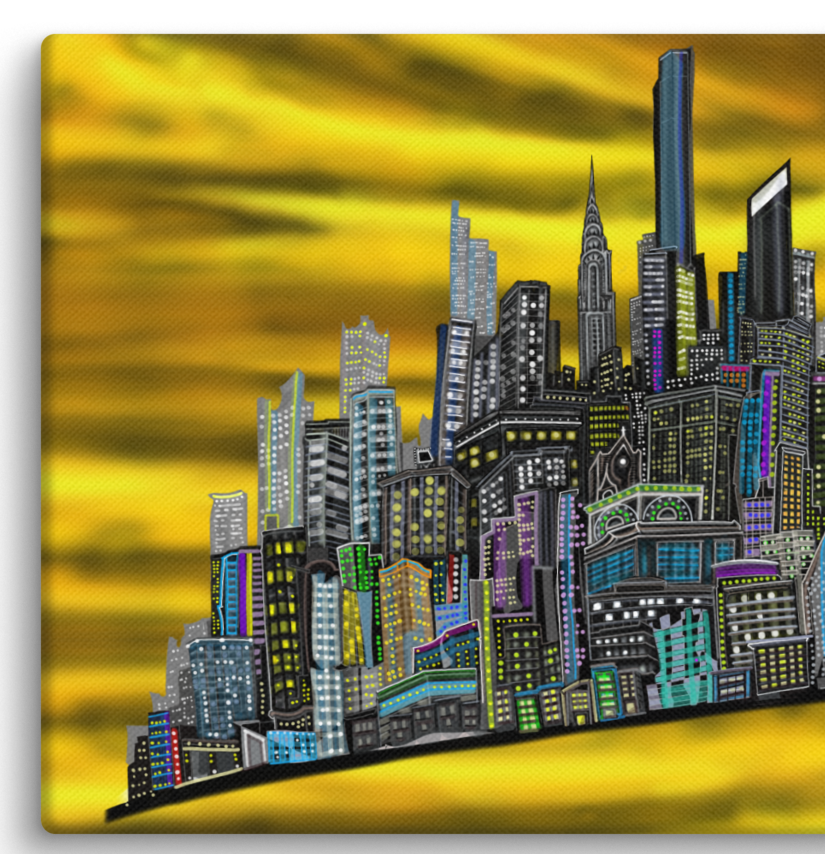 Colorful cityscape Loria NYC Art painting with tall buildings against a yellow sky