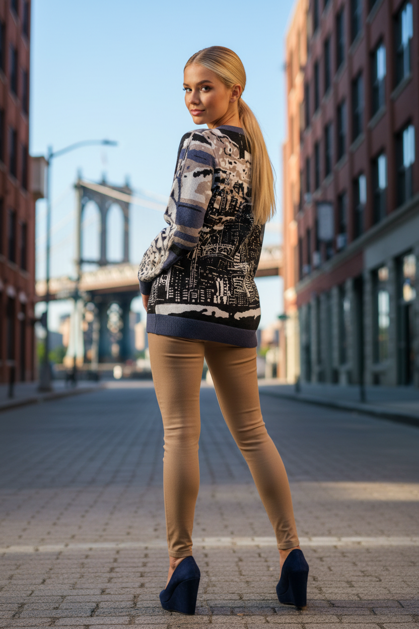 Woman wearing a Loria NYC Art sweater standing on a city street with a bridge in the background