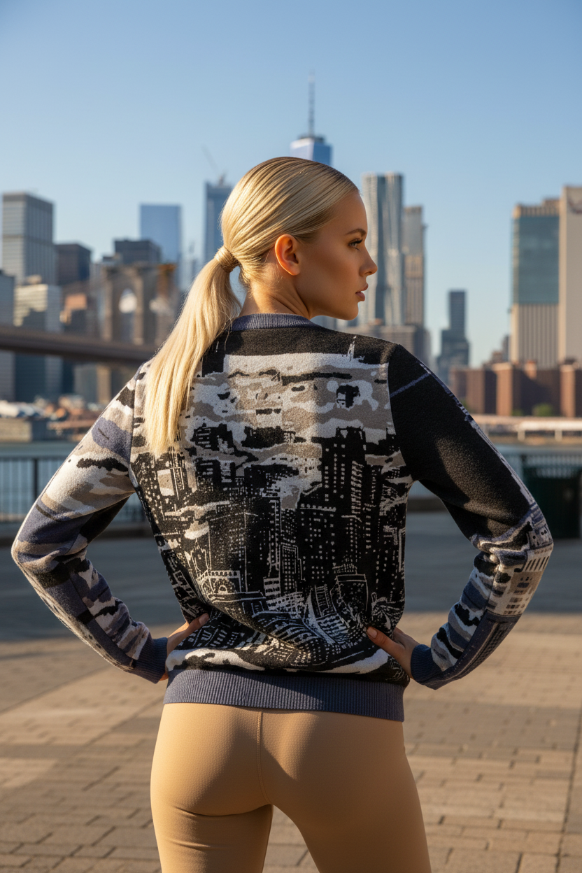 Woman wearing a Loria NYC Art sweater with a city skyline in the background