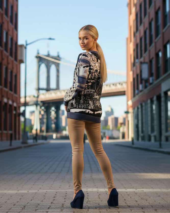 Woman wearing Loria NYC Art sweater standing on a city street with a bridge in the background