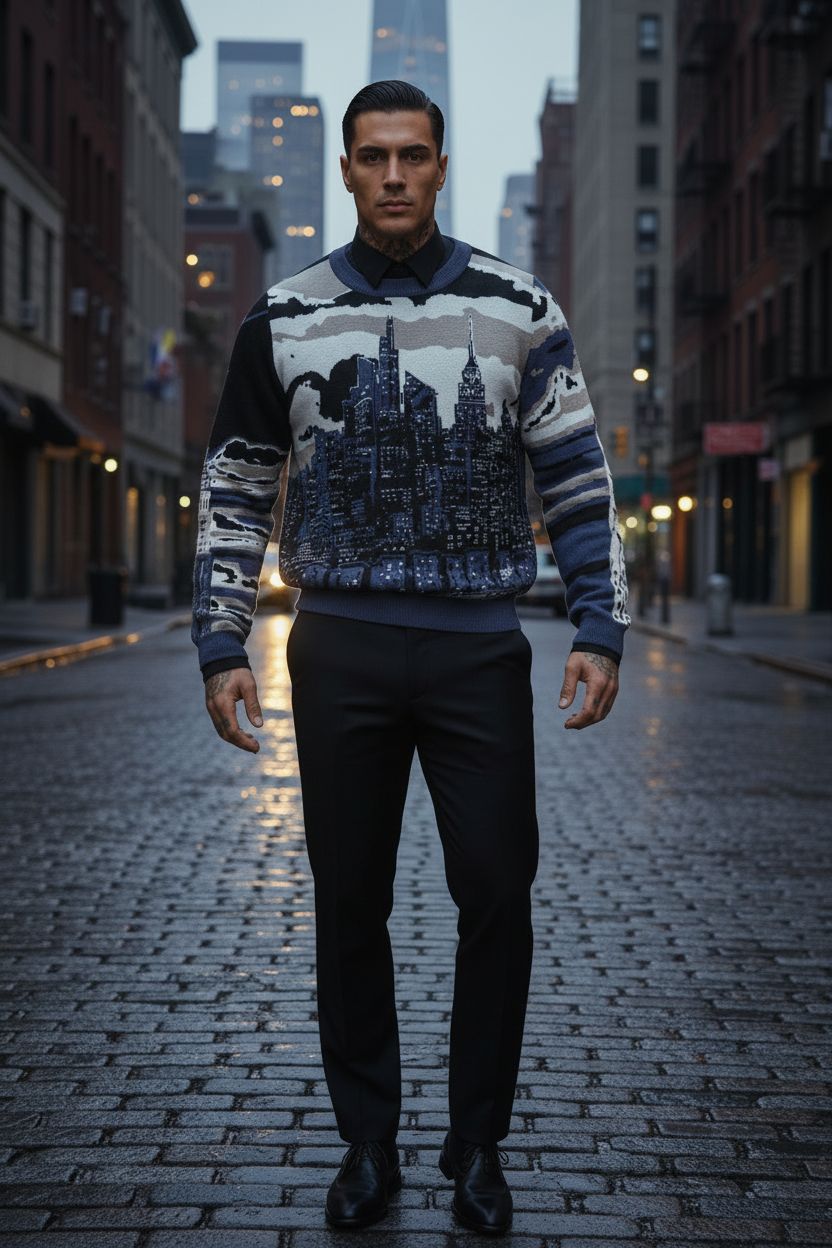 Man wearing a sweater with a Loria NYC Art cityscape design on a city street.