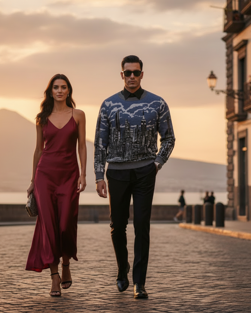 Man wearing a NYC Art blue sweater with a woman walking on a street with a scenic background