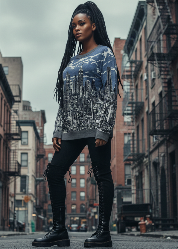 Woman standing on a city street wearing a Loria NYC Art sweater and black pants.