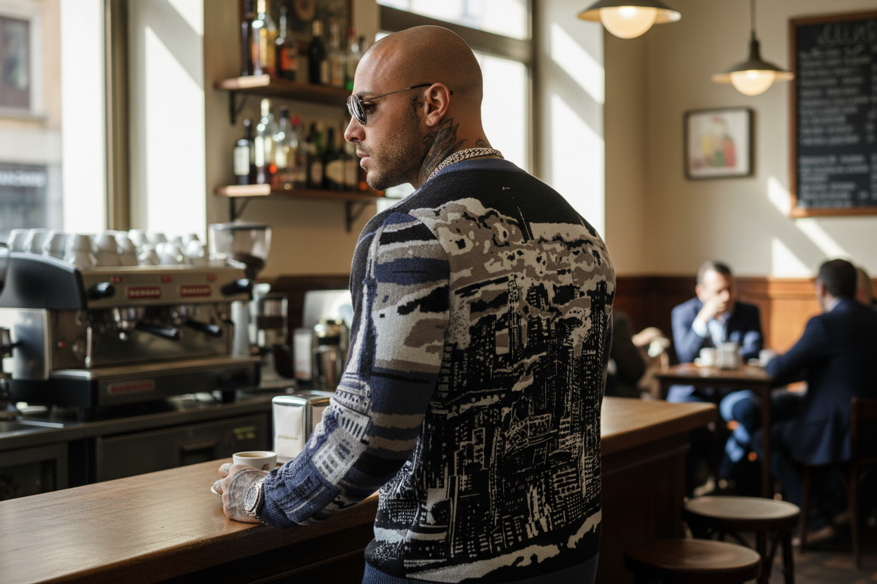 Man sitting at a bar in a coffee shop looking out a window wearing a sweater with cityscape designed by Loria NYC Art.