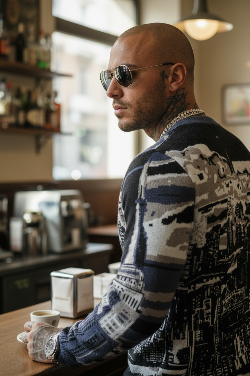 Man wearing sunglasses and a Loria NYC Art sweater holding a coffee cup in a cafe.