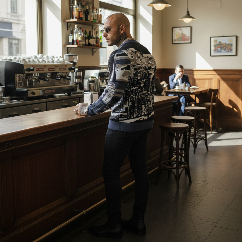 Man wearing a Loria NYC Art sweater standing at a bar counter in a cozy cafe with sunlight streaming in.