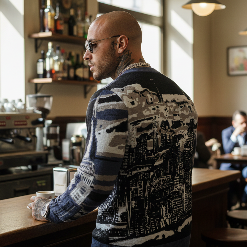 Man wearing a Loria NYC Art sweater sitting at a bar in a coffee shop looking out a window