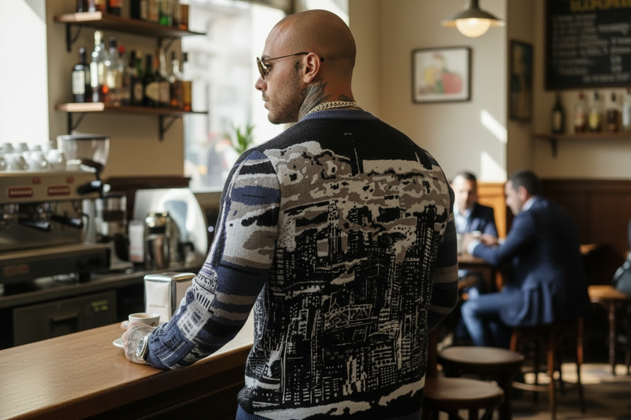 Man in a Loria NYC Art sweater standing in a cafe