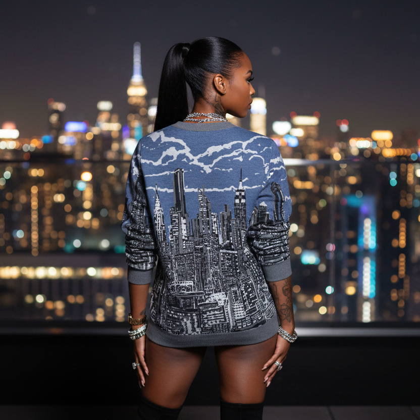 Woman wearing a Loria NYC Art sweater with a cityscape design, standing in front of a nighttime city skyline.