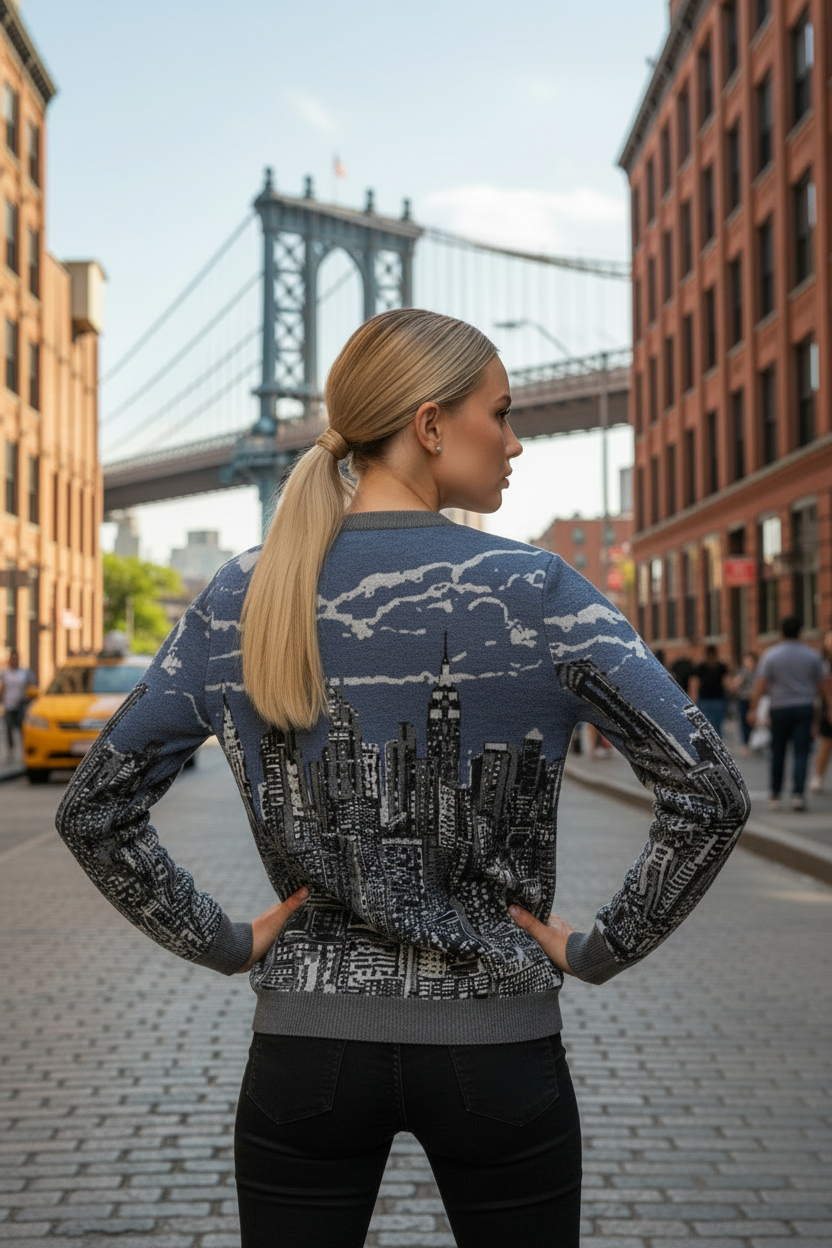 Woman wearing a sweatshirt with a cityscape Loria NYC Art design, standing on a street with a bridge in the background.