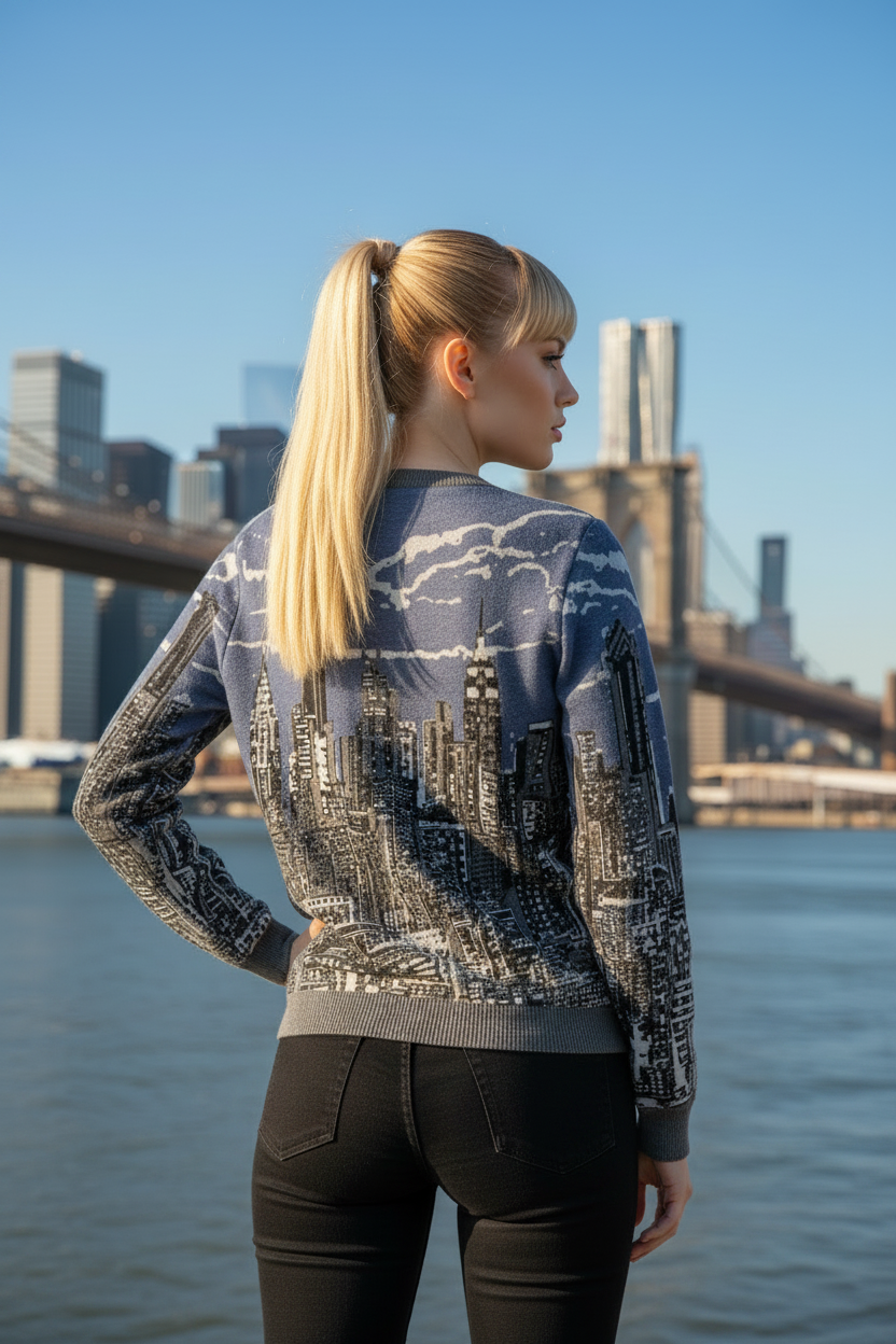 Woman wearing a sweater with a cityscape Loria NYC Art design, standing by a waterfront with a bridge and buildings in the background.