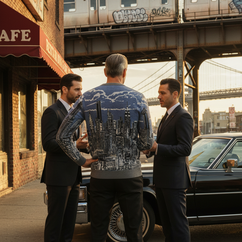 Three men standing outdoors with a Loria NYC Art cityscape sweater, a car, and an urban background.