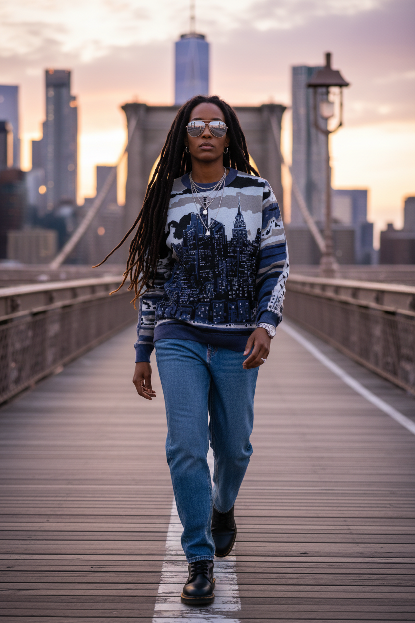 Person walking on a bridge wearing a Loria NYC Art sweater with a city skyline in the background