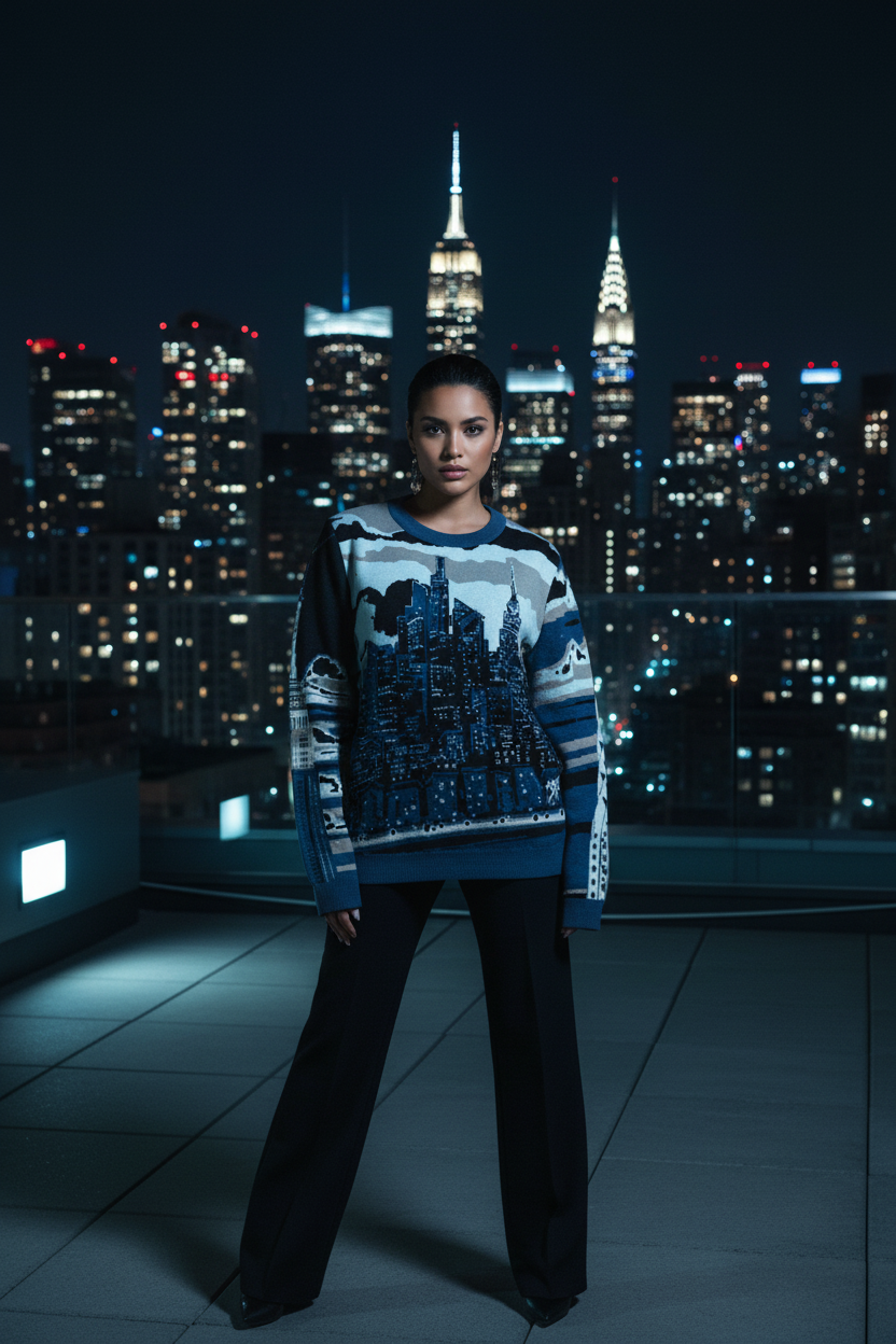 Person wearing a sweater with a Loria NYC Art cityscape design against a nighttime city skyline.