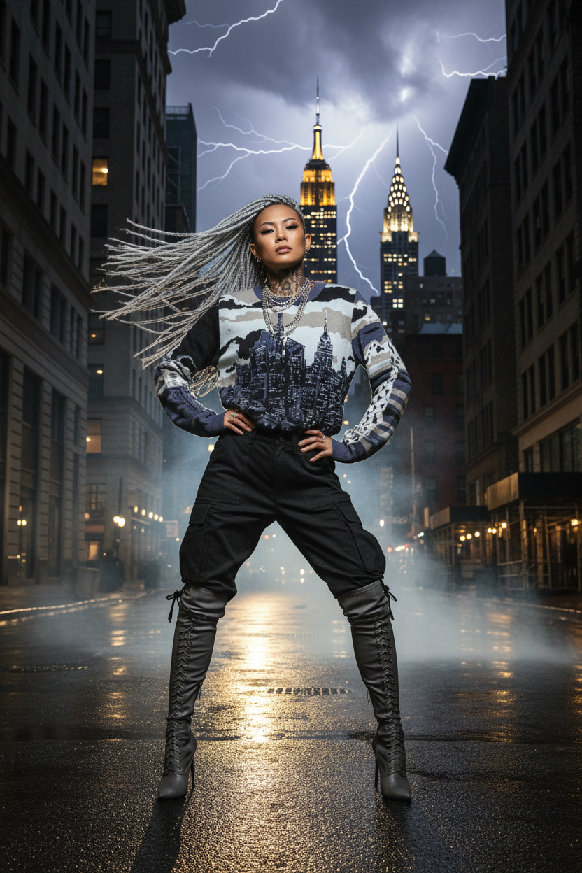 Person in a stylish Loria NYC Art sweater standing on a city street with lightning in the background