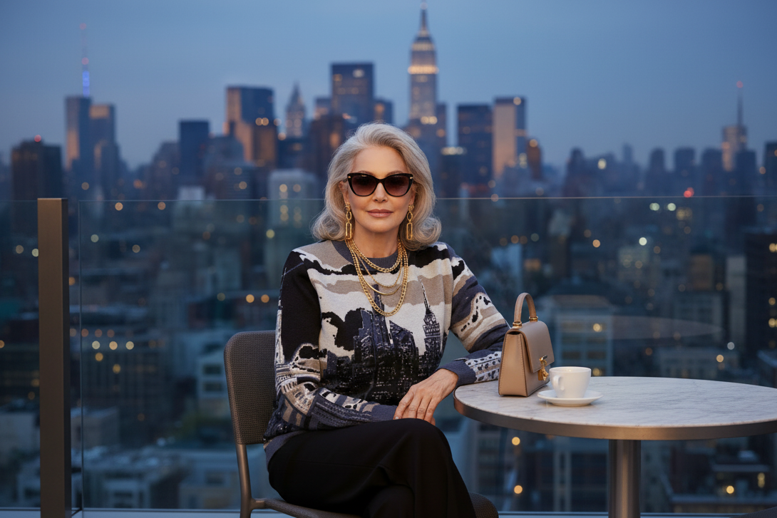 Woman sitting at a table wearing a city skyline Loria NYC Art sweater.