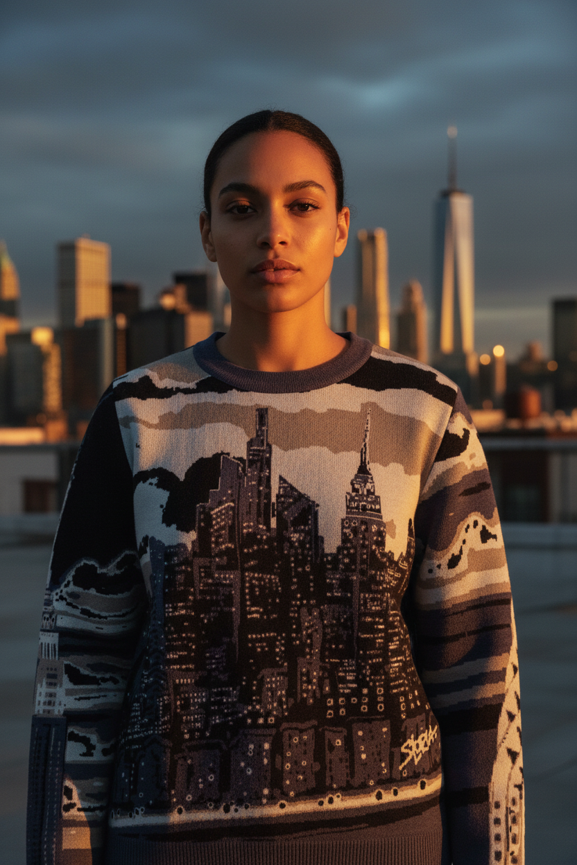 Person wearing a sweater with a Loria NYC Art cityscape design against a city skyline at sunset.