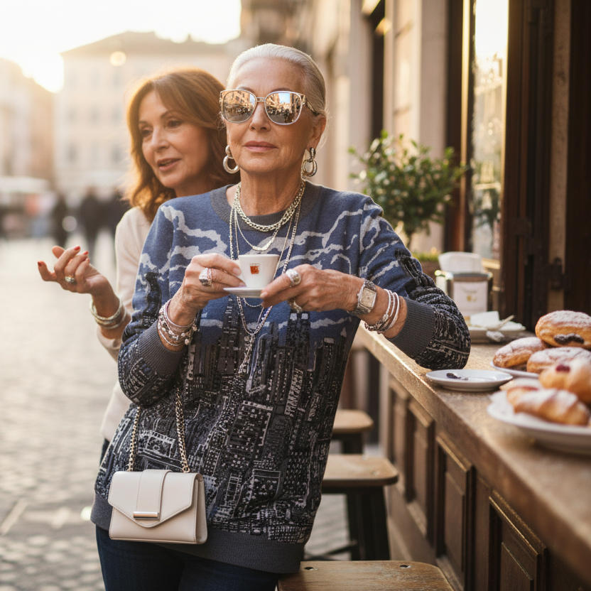 Women wearing a Loria NYC Art sweater on a street, one holding a cup, with a café counter in the background.