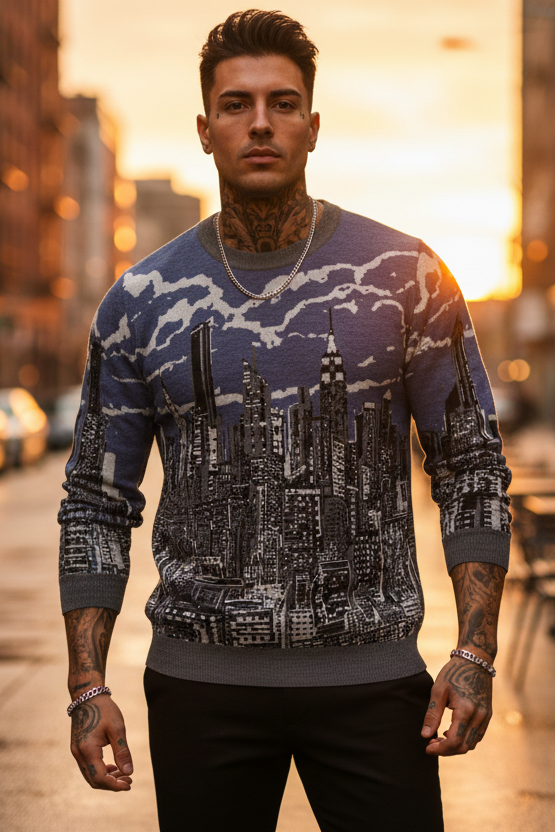 Man wearing a Loria NYC Art sweater on a city street at sunset