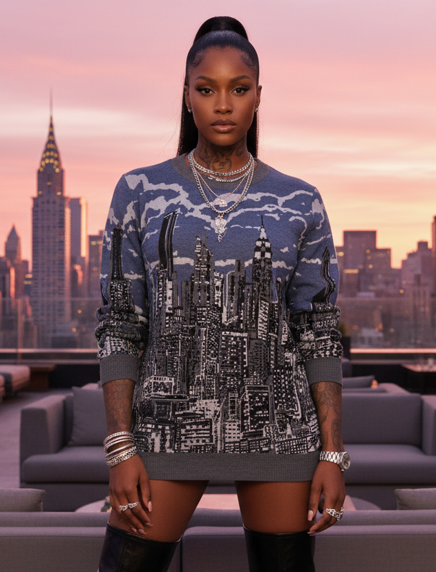 Woman wearing a blue Loria NYC Art sweater with cityscape design in an urban setting