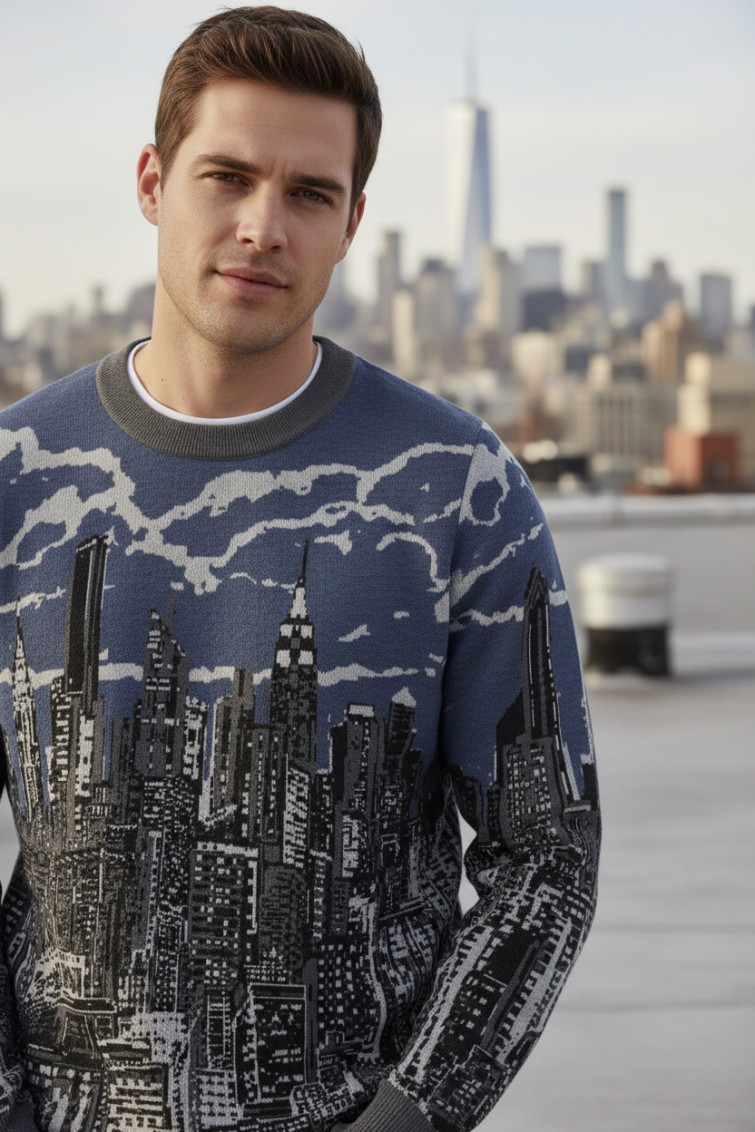 Man wearing a sweater with a cityscape Loria NYC Art design against an urban skyline.