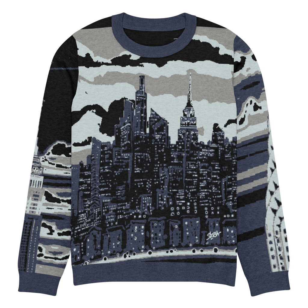 Sweater with Loria NYC Art cityscape design on a white background
