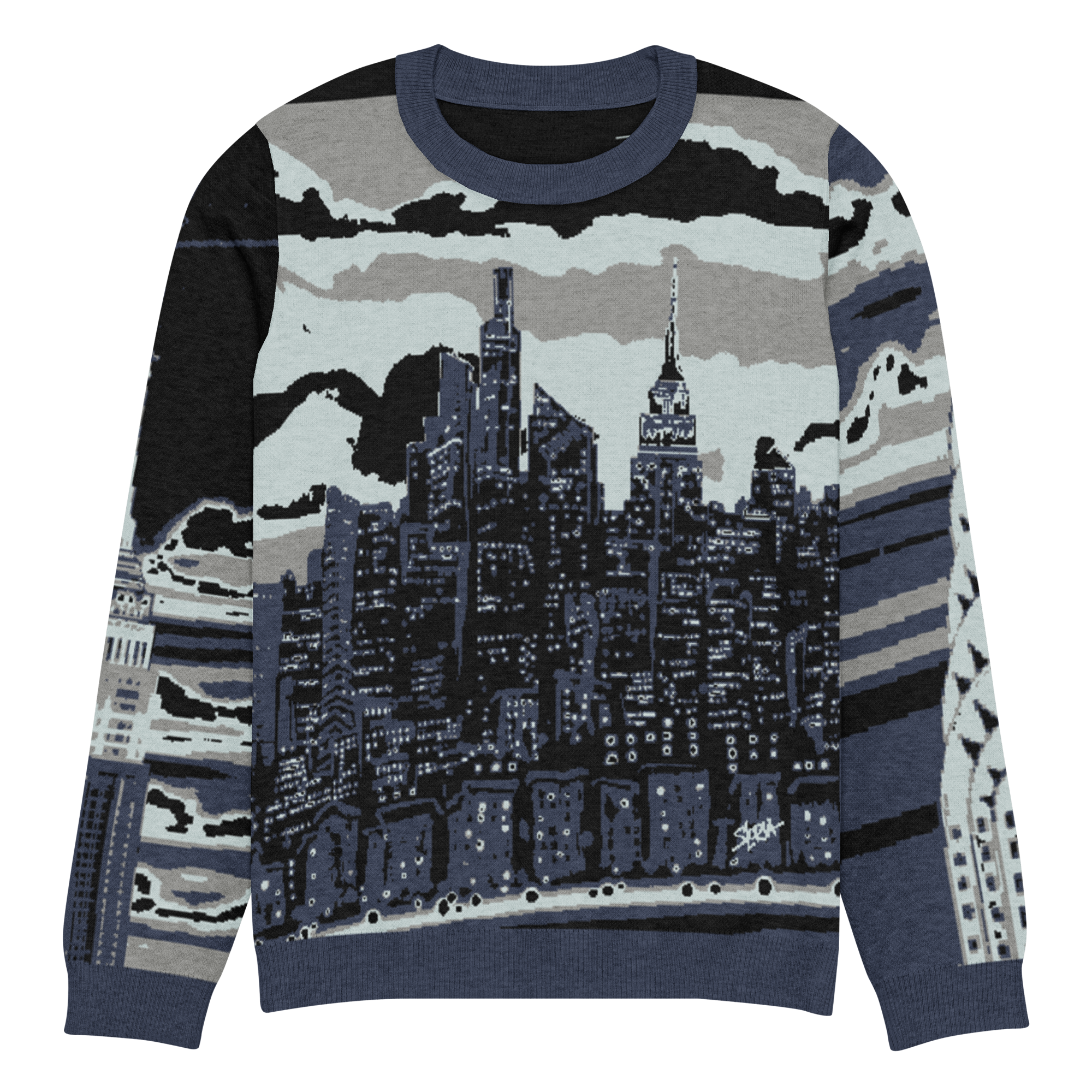 Sweater with Loria NYC Art cityscape design on a white background