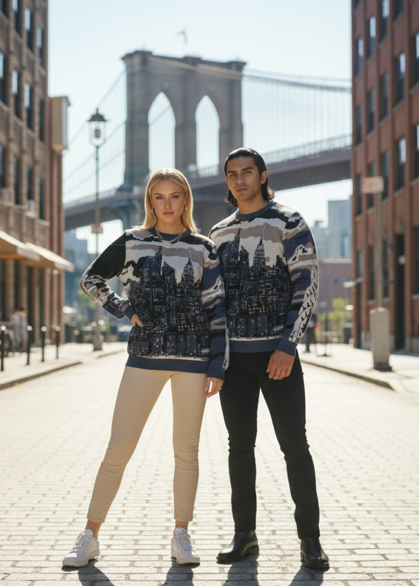 Two people wearing matching Loria NYC Art sweaters standing on a street with a bridge in the background.