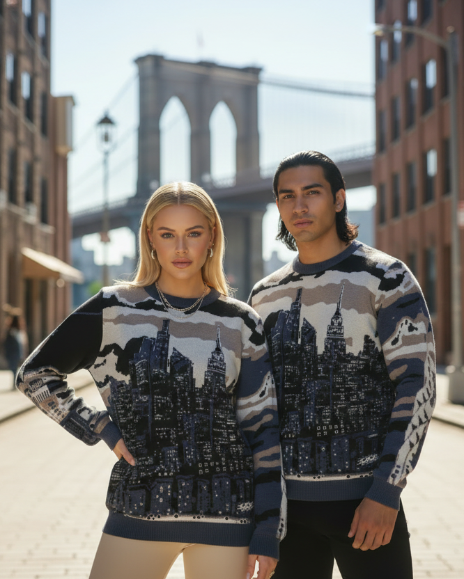 Two people wearing Loria NYC Art sweaters standing on a street with a bridge in the background