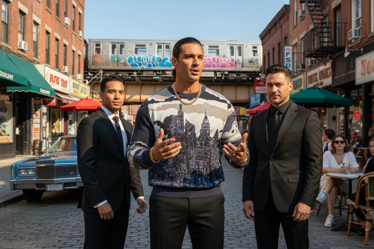Man wearing a Loria NYC Art sweater standing on a street with a subway train in the background