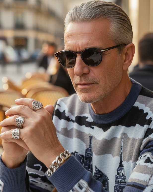 Man wearing sunglasses and a Loria NYC Art sweater sitting at an outdoor cafe.