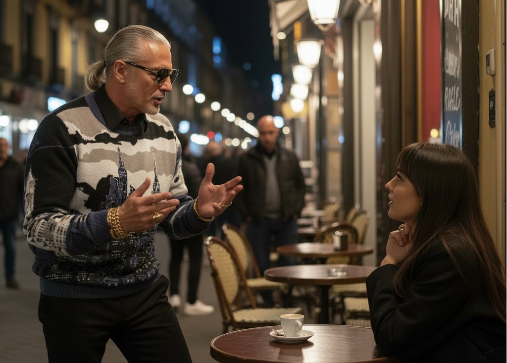 Man wearing colorful Loria NYC Art sweaters engaged in a conversation on a city street at night.