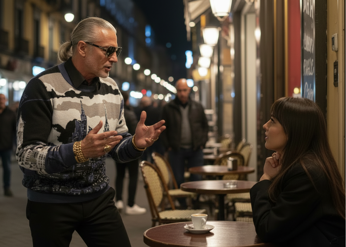 Man wearing colorful Loria NYC Art sweaters engaged in a conversation on a city street at night.
