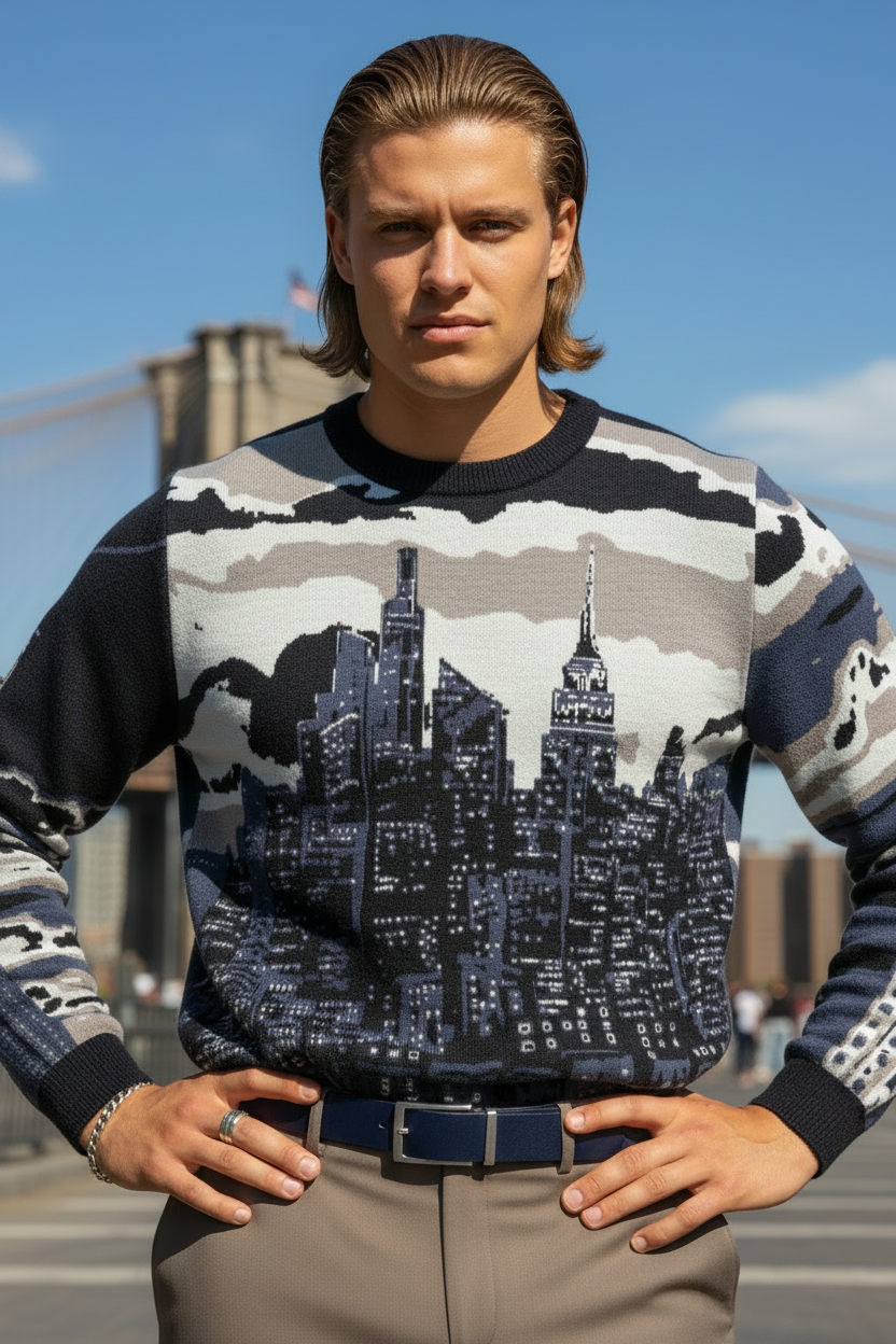 Person wearing a sweater with a cityscape Loria NYC Art design, standing outdoors with a clear sky.