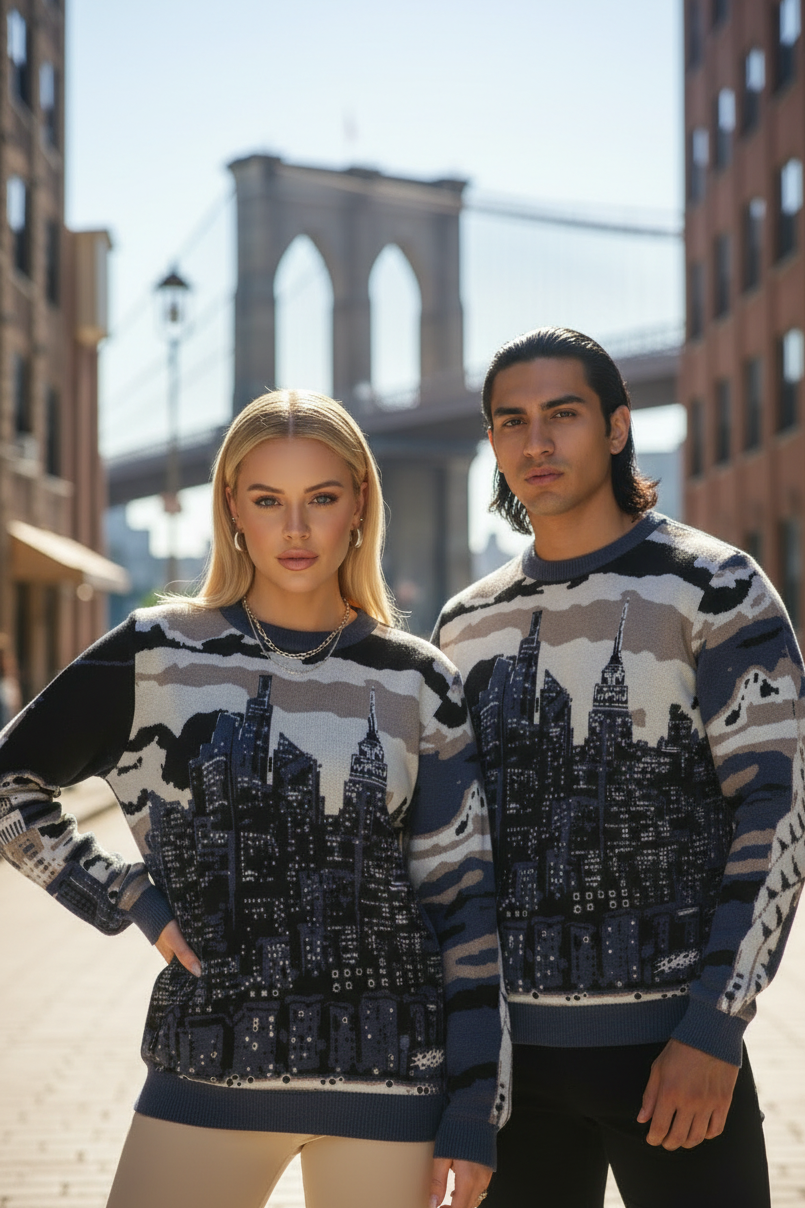 Two people wearing matching sweaters with a cityscape design in an urban setting with a bridge in the background.