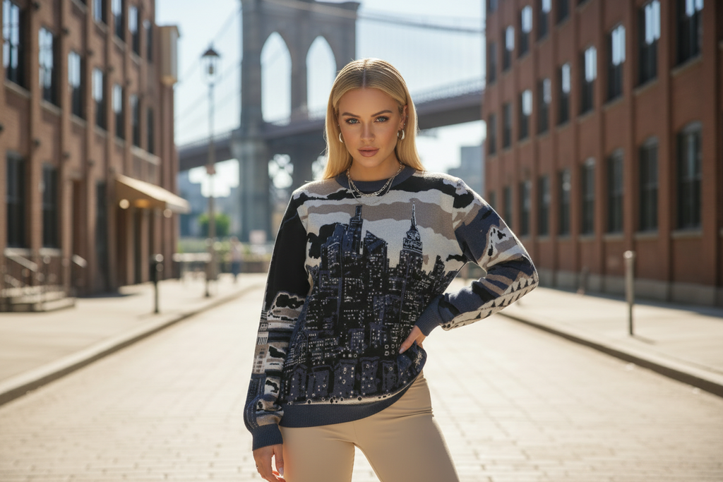 Woman wearing a sweater with a cityscape Loria NYC Art design in an urban setting with a bridge in the background