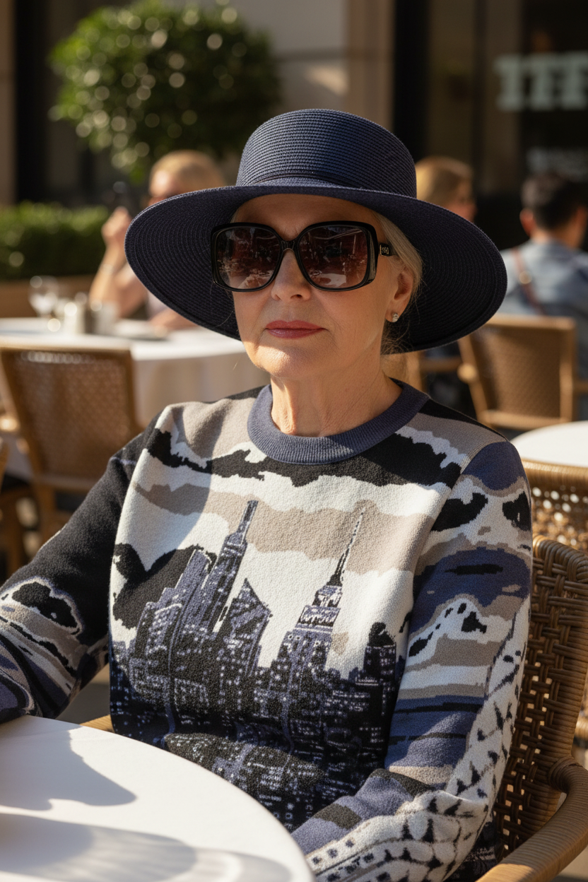 Woman wearing a Loria NYC Art sweater and wide-brimmed hat sitting outdoors.