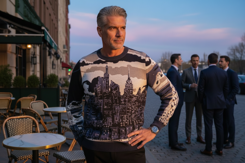 Man posing in a Loria NYC Art sweater in an urban setting.