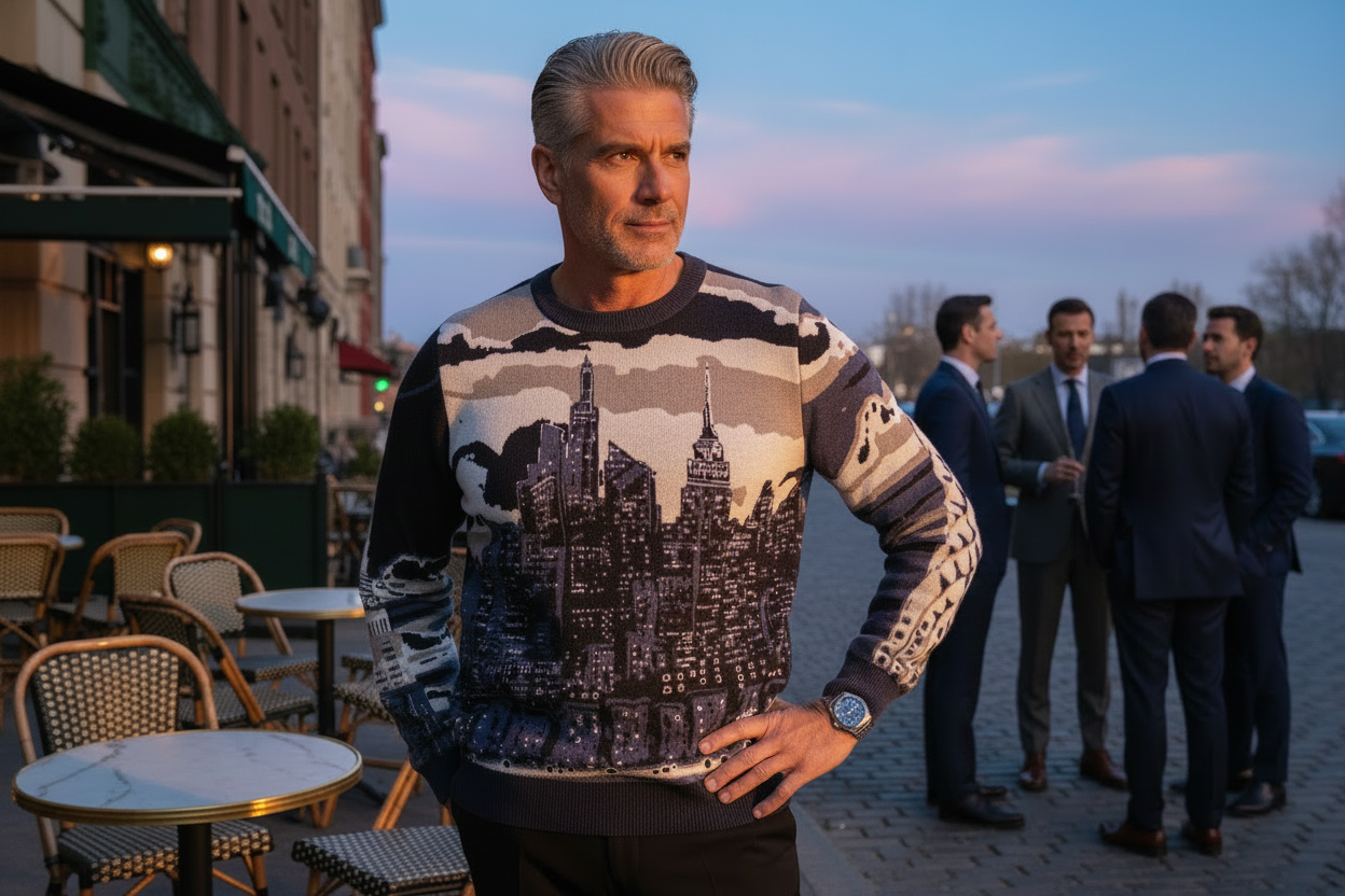 Man posing in a Loria NYC Art sweater in an urban setting.