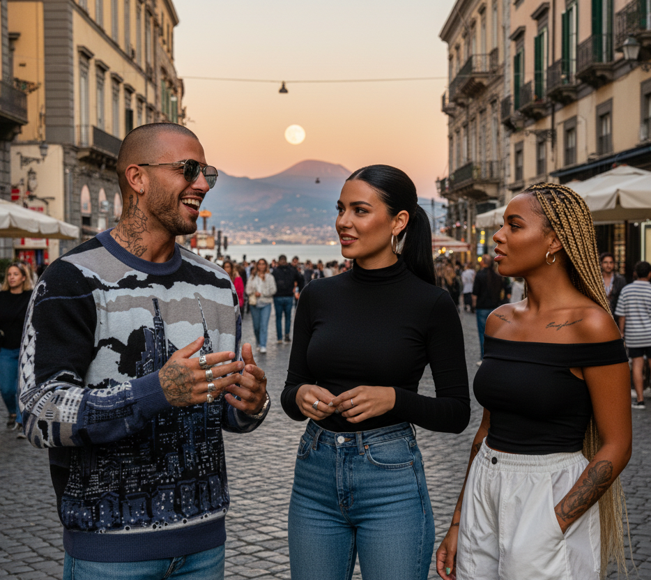 Man wearing a Loria NYC Art sweater with people standing on a street with a sunset and mountains in the background