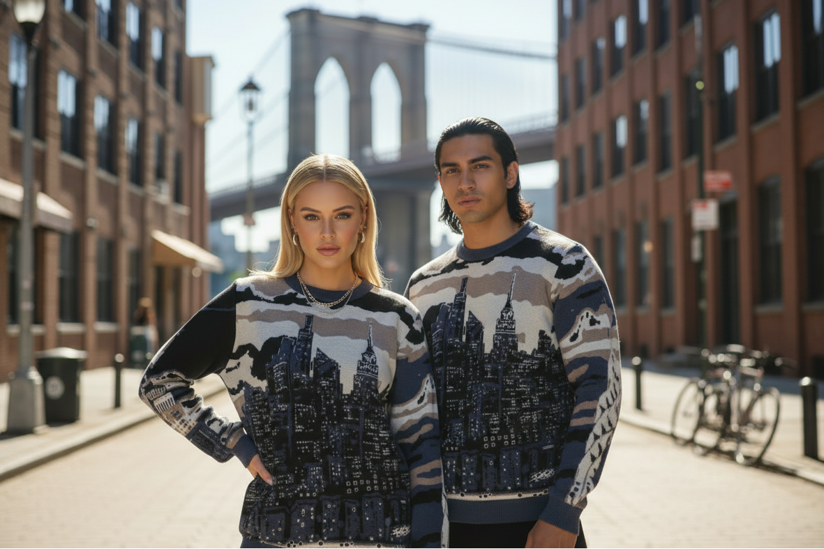 Two people wearing matching Loria NYC Art sweaters with the city skyline in the background.