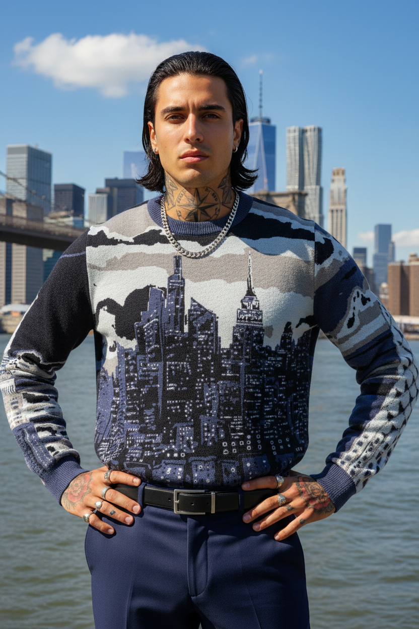 Person wearing a sweater with a cityscape Loria NYC Art design, standing by water with a city skyline in the background