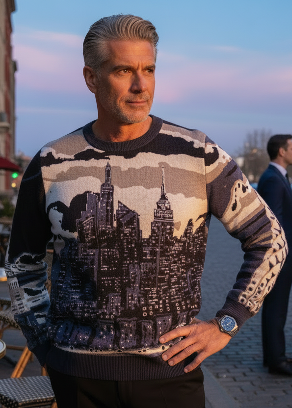 Man wearing a Loria NYC Art sweater in an urban setting.