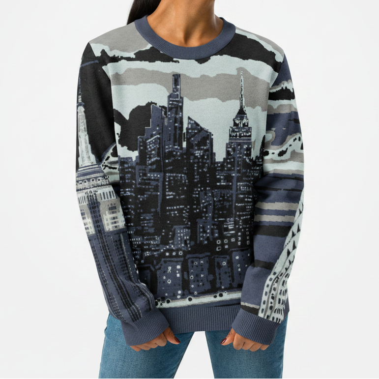 Person wearing a sweater with a cityscape Loria NYC Art design on a white background