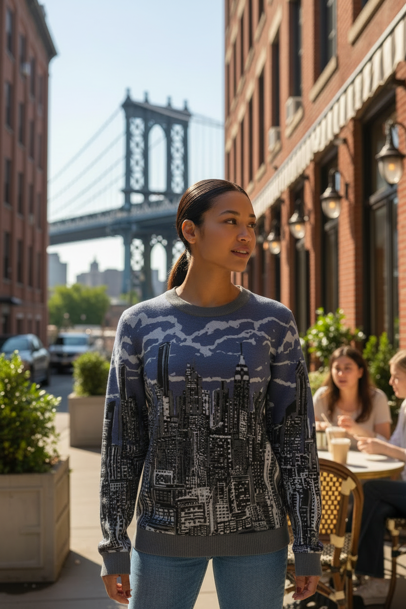 Person wearing a sweater with a cityscape Loria NYC Art design on a urban background
