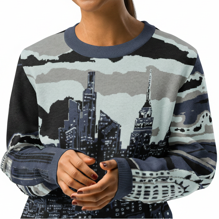 Woman wearing a sweater with a cityscape Loria NYC Art design on a white background